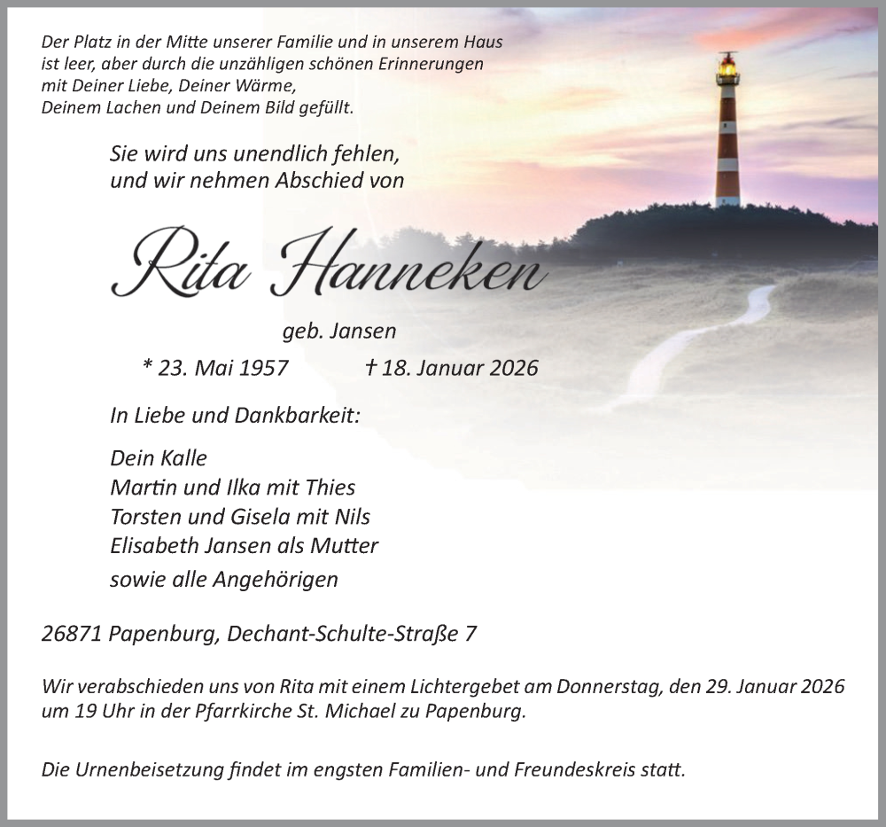  Traueranzeige für Rita Hanneken vom 24.01.2026 aus Neue Osnabrücker Zeitung GmbH & Co. KG