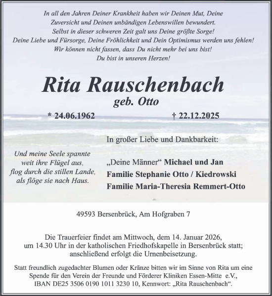 Traueranzeige von Rita Rauschenbach von Neue Osnabrücker Zeitung GmbH & Co. KG