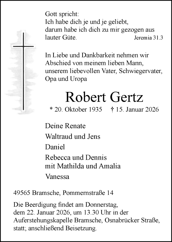 Traueranzeige von Robert Gertz von Neue Osnabrücker Zeitung GmbH & Co. KG