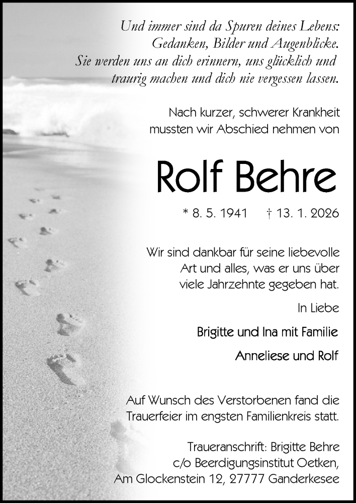  Traueranzeige für Rolf Behre vom 31.01.2026 aus DK Medien GmbH & Co. KG