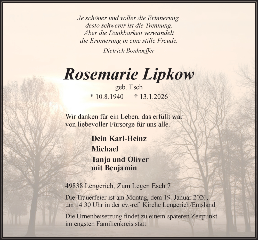  Traueranzeige für Rosemarie Lipkow vom 15.01.2026 aus Neue Osnabrücker Zeitung GmbH & Co. KG