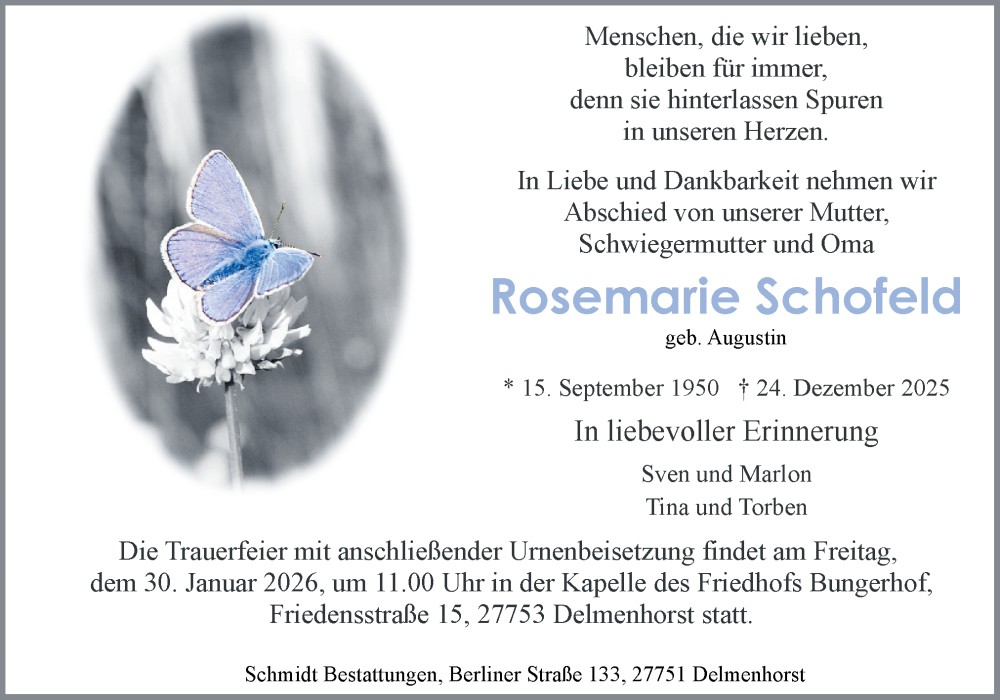  Traueranzeige für Rosemarie Schofeld vom 10.01.2026 aus DK Medien GmbH & Co. KG