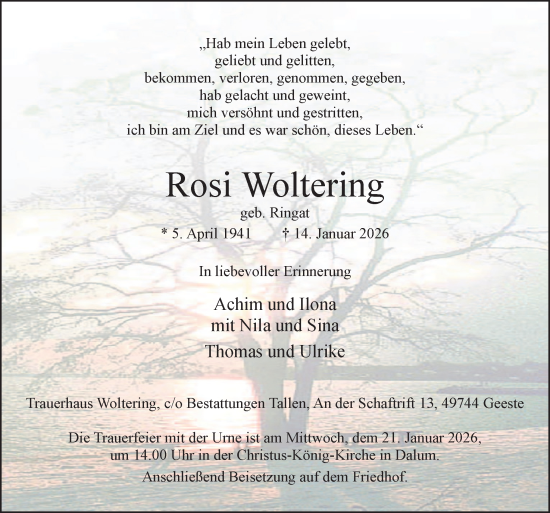 Traueranzeige von Rosi Woltering von Neue Osnabrücker Zeitung GmbH & Co. KG