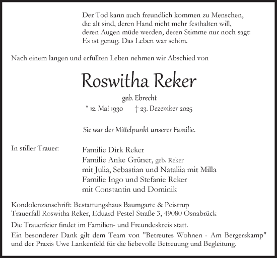 Traueranzeige von Roswitha Reker von Neue Osnabrücker Zeitung GmbH & Co. KG