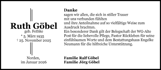 Traueranzeige von Ruth Göbel von Ostfriesischer Kurier GmbH