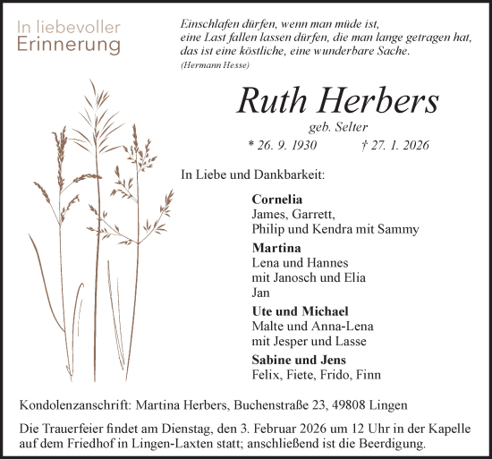 Traueranzeige von Ruth Herbers von Neue Osnabrücker Zeitung GmbH & Co. KG