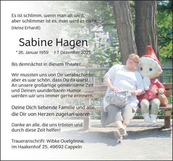 Traueranzeige von Sabine Hagen von Neue Osnabrücker Zeitung GmbH & Co. KG