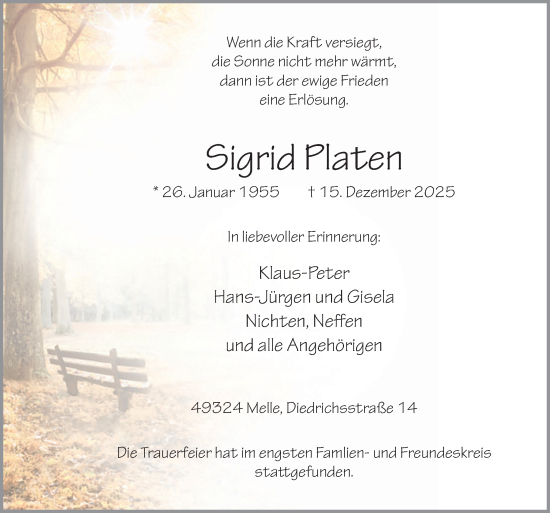 Traueranzeige von Sigrid Platen von Neue Osnabrücker Zeitung GmbH & Co. KG