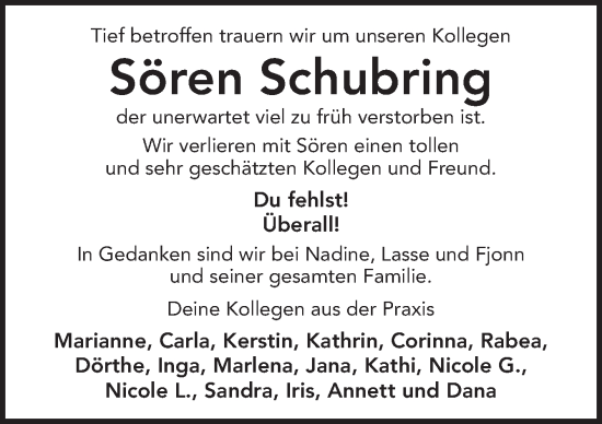 Traueranzeige von Sören Schubring von Neue Osnabrücker Zeitung GmbH & Co. KG