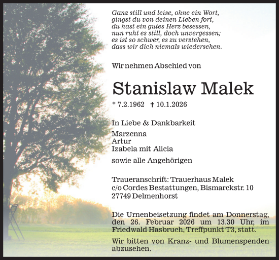 Traueranzeige von Stanislaw Malek von DK Medien GmbH & Co. KG