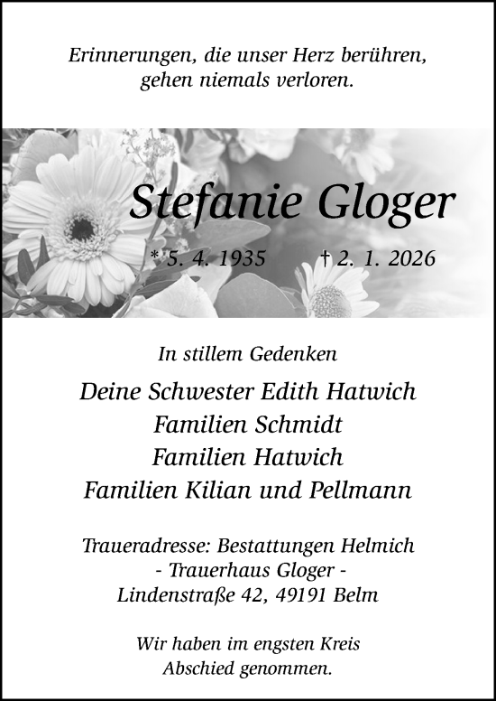 Traueranzeige von Stefanie Gloger von Neue Osnabrücker Zeitung GmbH & Co. KG