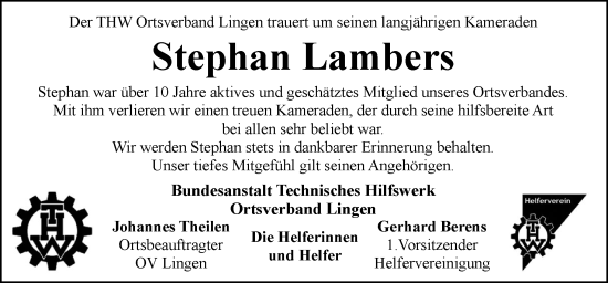 Traueranzeige von Stephan Lambers von Neue Osnabrücker Zeitung GmbH & Co. KG