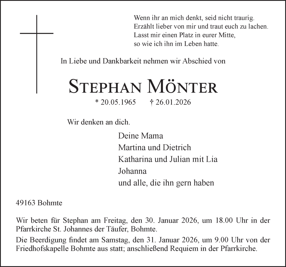  Traueranzeige für Stephan Mönter vom 29.01.2026 aus Neue Osnabrücker Zeitung GmbH & Co. KG