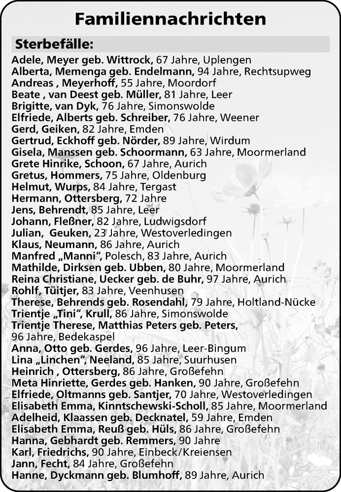  Traueranzeige für Sterbefälle vom 14.01.2026 vom 14.01.2026 aus Ostfriesischer Kurier GmbH