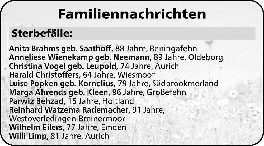  Traueranzeige für Sterbetafel vom 17.01.2026 vom 17.01.2026 aus Ostfriesischer Kurier GmbH