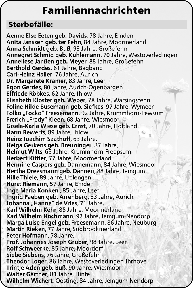  Traueranzeige für Sterbetafel vom 21.01.2026 vom 21.01.2026 aus Ostfriesischer Kurier GmbH