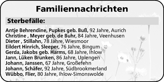 Traueranzeige von Sterbetafel vom 24.01.2026 von Ostfriesischer Kurier GmbH