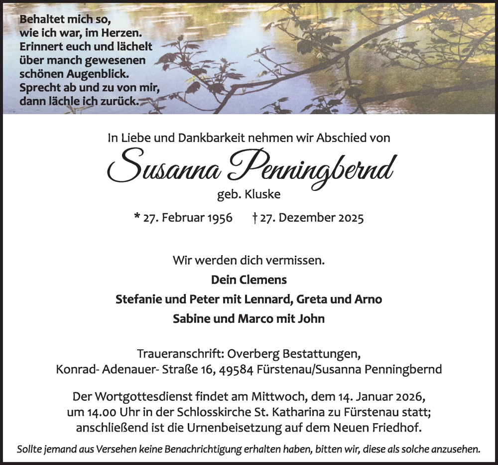  Traueranzeige für Susanna Penningbernd vom 10.01.2026 aus Neue Osnabrücker Zeitung GmbH & Co. KG