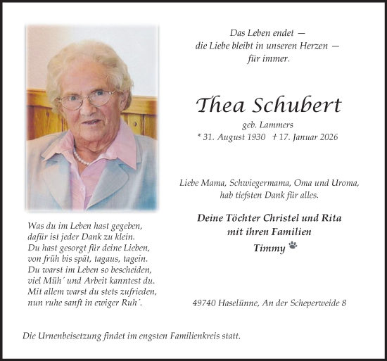 Traueranzeige von Thea Schubert von Neue Osnabrücker Zeitung GmbH & Co. KG