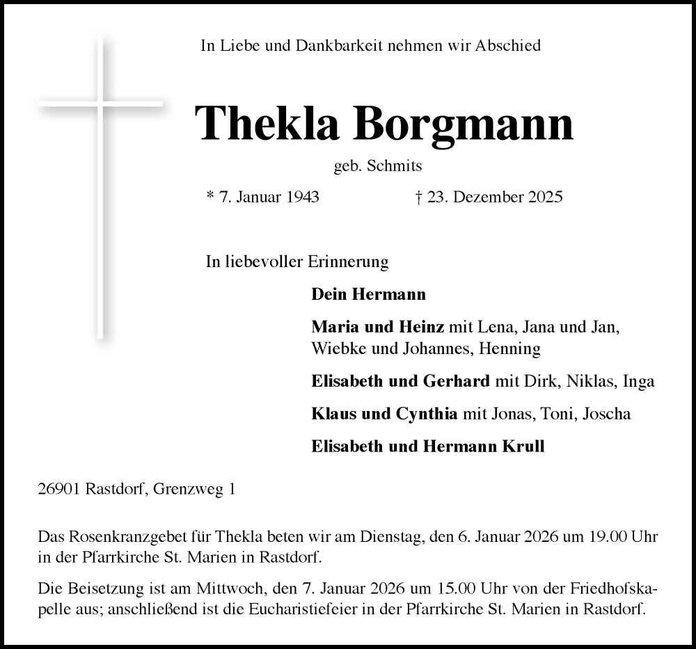  Traueranzeige für Thekla Borgmann vom 03.01.2026 aus Neue Osnabrücker Zeitung GmbH & Co. KG