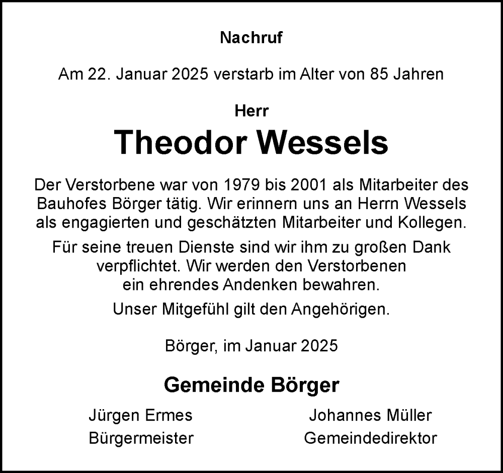  Traueranzeige für Theodor Wessels vom 31.01.2026 aus Neue Osnabrücker Zeitung GmbH & Co. KG