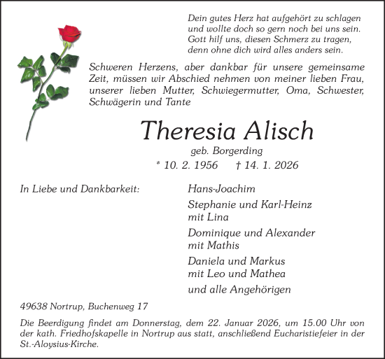 Traueranzeige von Theresia Alisch von Neue Osnabrücker Zeitung GmbH & Co. KG