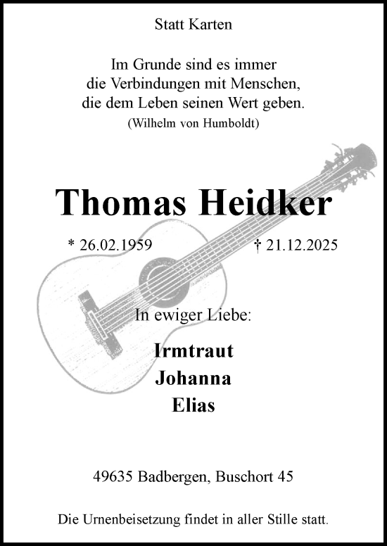Traueranzeige von Thomas Heidker von Neue Osnabrücker Zeitung GmbH & Co. KG