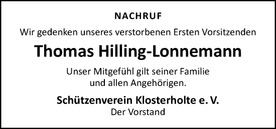 Traueranzeige von Thomas Hilling-Lonnemann von Neue Osnabrücker Zeitung GmbH & Co. KG