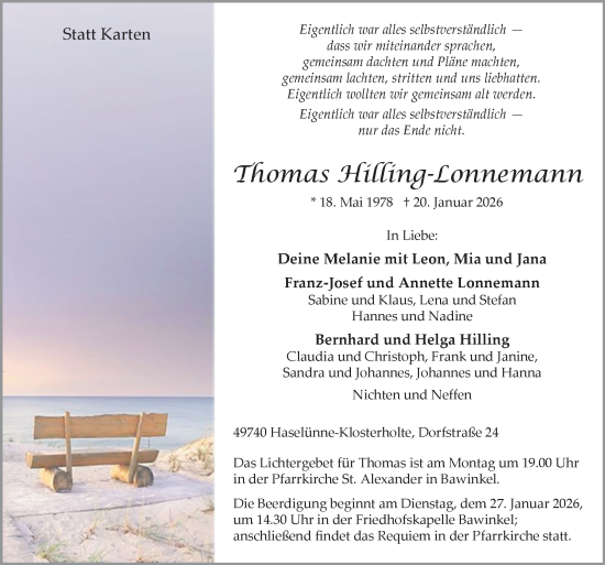 Traueranzeige von Thomas Hilling-Lonnemann von Neue Osnabrücker Zeitung GmbH & Co. KG