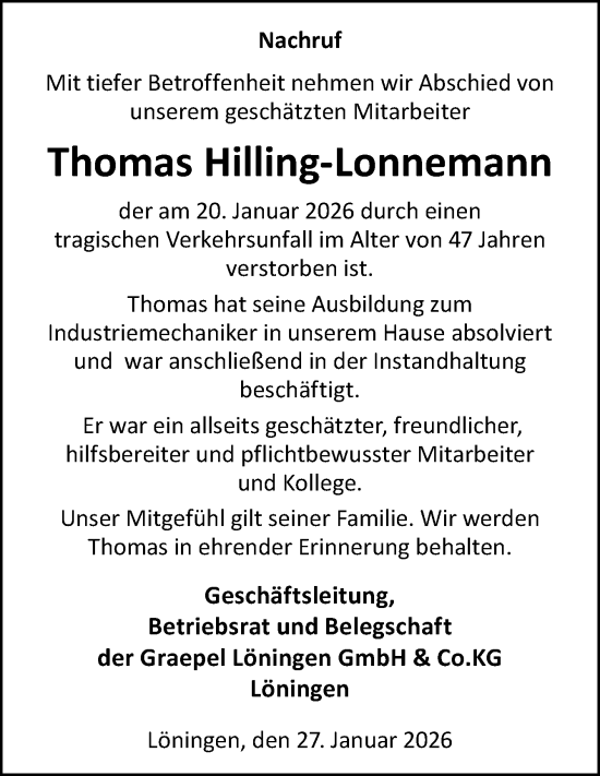 Traueranzeige von Thomas Hilling-Lonnemann von Neue Osnabrücker Zeitung GmbH & Co. KG