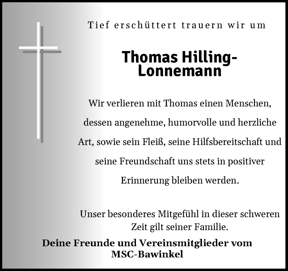  Traueranzeige für Thomas Hilling-Lonnemann vom 27.01.2026 aus Neue Osnabrücker Zeitung GmbH & Co. KG