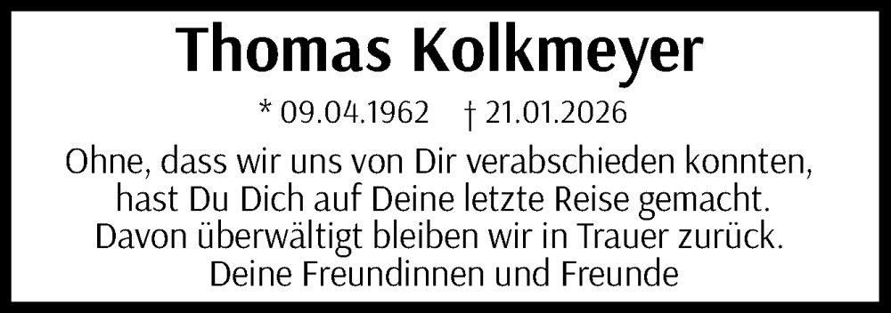  Traueranzeige für Thomas Kolkmeyer vom 31.01.2026 aus Neue Osnabrücker Zeitung GmbH & Co. KG