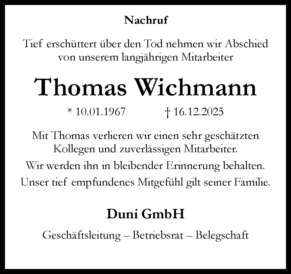  Traueranzeige für Thomas Wichmann vom 27.01.2026 aus Neue Osnabrücker Zeitung GmbH & Co. KG