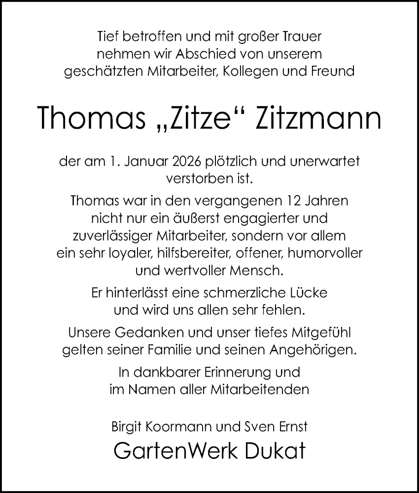 Traueranzeige für Thomas Zitzmann vom 10.01.2026 aus Neue Osnabrücker Zeitung GmbH & Co. KG