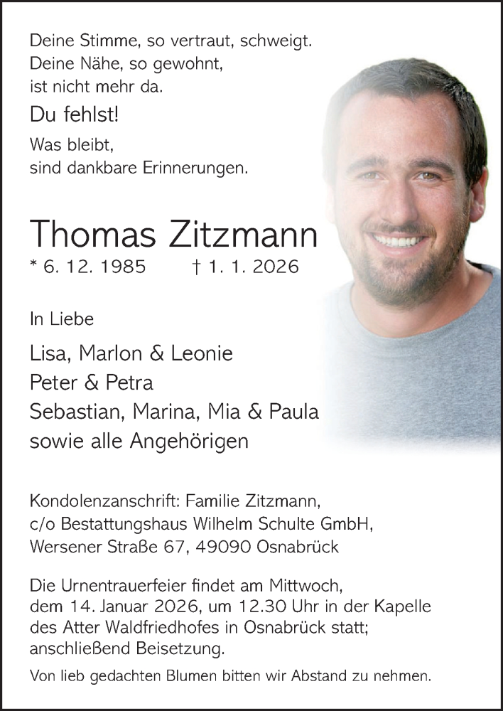  Traueranzeige für Thomas Zitzmann vom 10.01.2026 aus Neue Osnabrücker Zeitung GmbH & Co. KG