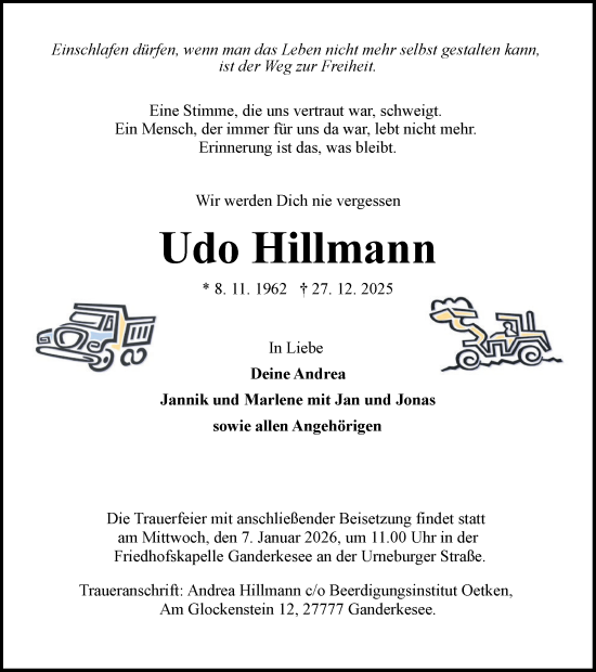 Traueranzeige von Udo Hillmann von DK Medien GmbH & Co. KG