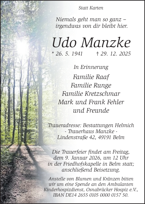 Traueranzeige von Udo Manzke von Neue Osnabrücker Zeitung GmbH & Co. KG