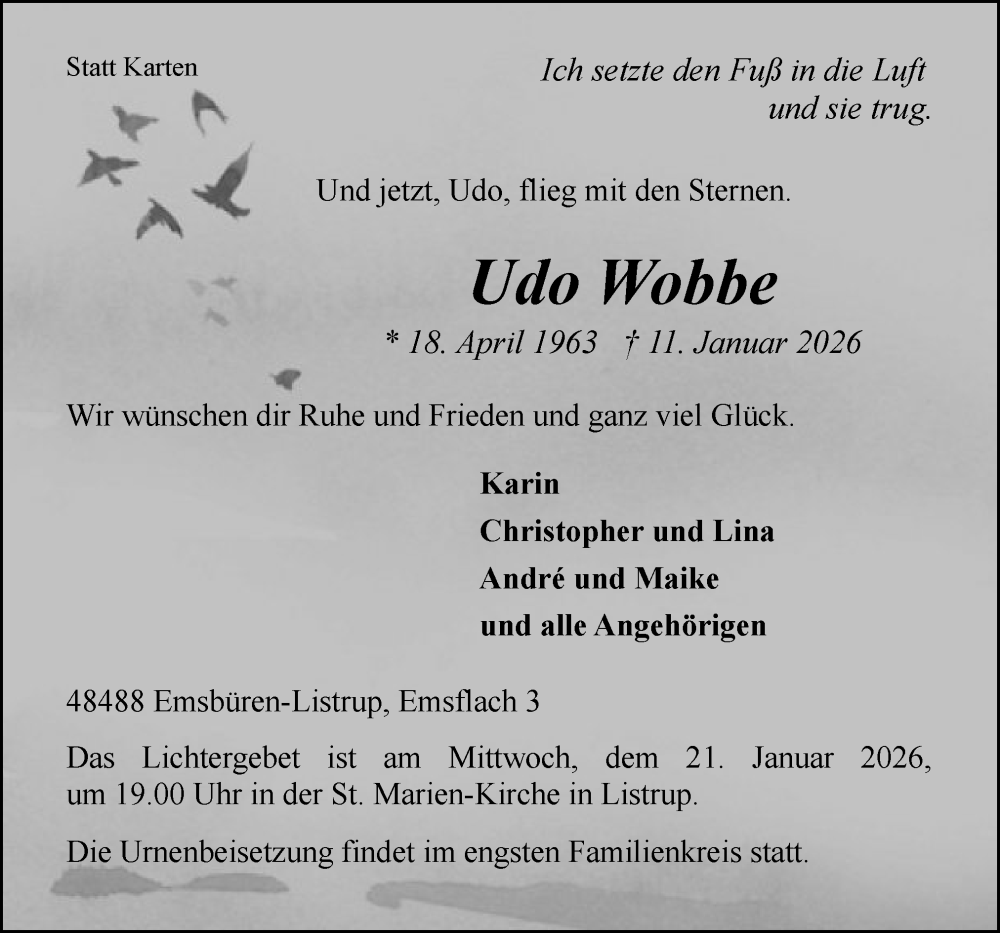  Traueranzeige für Udo Wobbe vom 17.01.2026 aus Neue Osnabrücker Zeitung GmbH & Co. KG