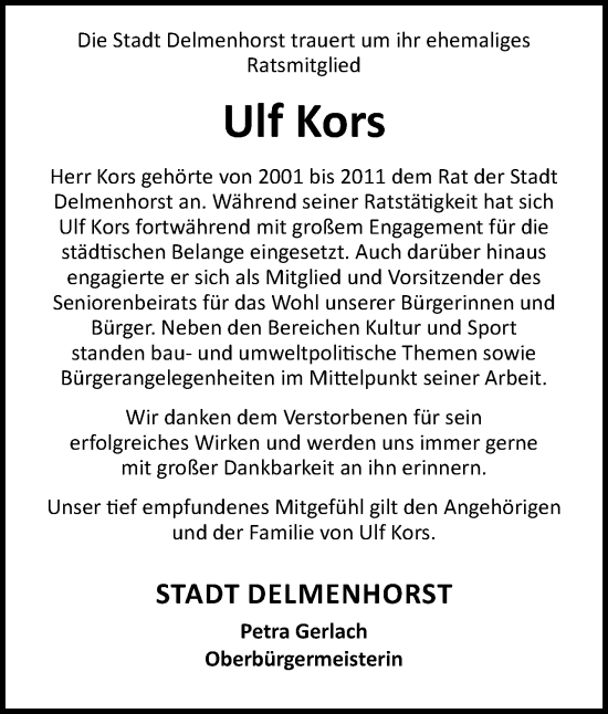 Traueranzeige von Ulf Kors von DK Medien GmbH & Co. KG
