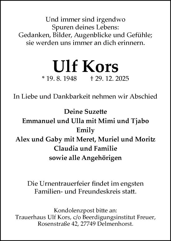 Traueranzeige von Ulf Kors von DK Medien GmbH & Co. KG