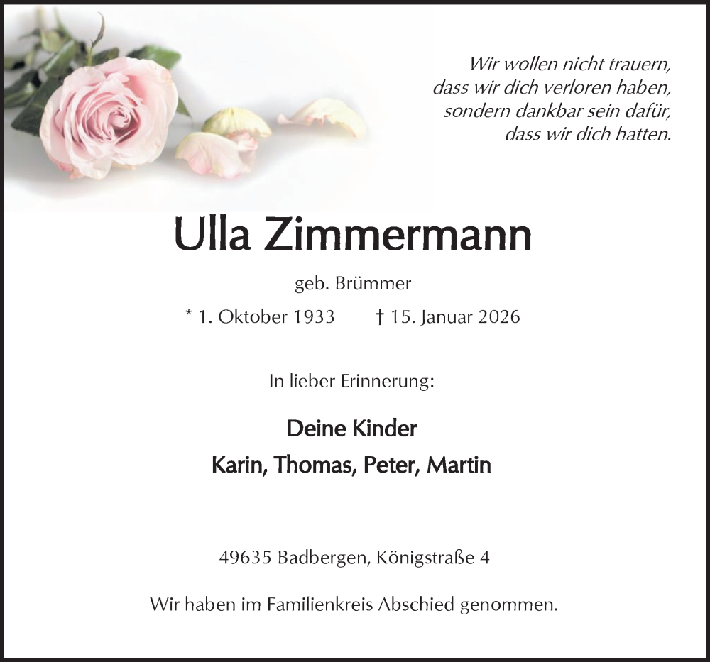  Traueranzeige für Ulla Zimmermann vom 22.01.2026 aus Neue Osnabrücker Zeitung GmbH & Co. KG