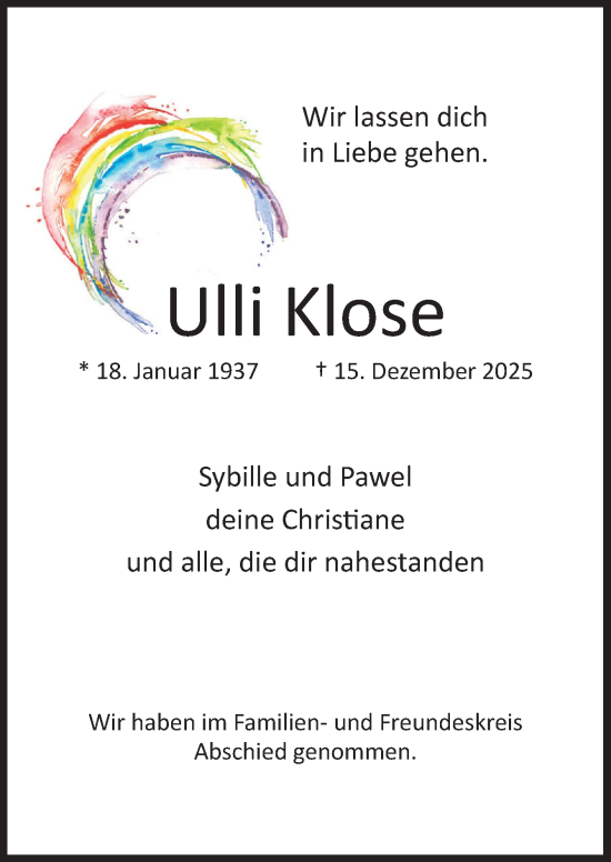 Traueranzeige von Ulli Klose von Neue Osnabrücker Zeitung GmbH & Co. KG