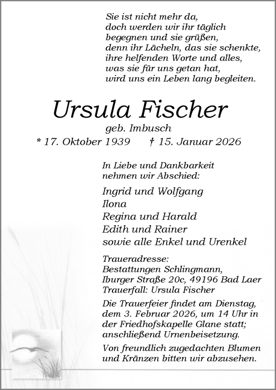 Traueranzeige von Ursula Fischer von Neue Osnabrücker Zeitung GmbH & Co. KG
