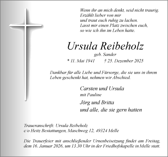 Traueranzeige von Ursula Reibeholz von Neue Osnabrücker Zeitung GmbH & Co. KG