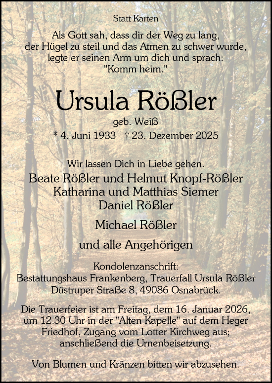 Traueranzeige von Ursula Rößler von Neue Osnabrücker Zeitung GmbH & Co. KG