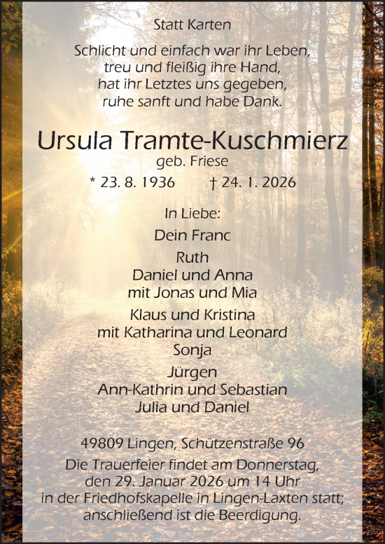 Traueranzeige von Ursula Tramte-Kuschmierz von Neue Osnabrücker Zeitung GmbH & Co. KG