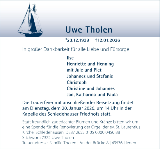 Traueranzeige von Uwe Tholen von Neue Osnabrücker Zeitung GmbH & Co. KG