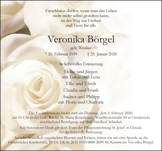 Traueranzeige von Veronika Börgel von Neue Osnabrücker Zeitung GmbH & Co. KG