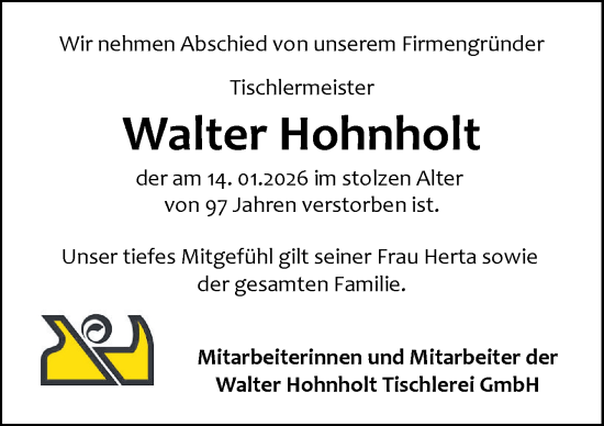 Traueranzeige von Walter Hohnholt von DK Medien GmbH &amp; Co. KG