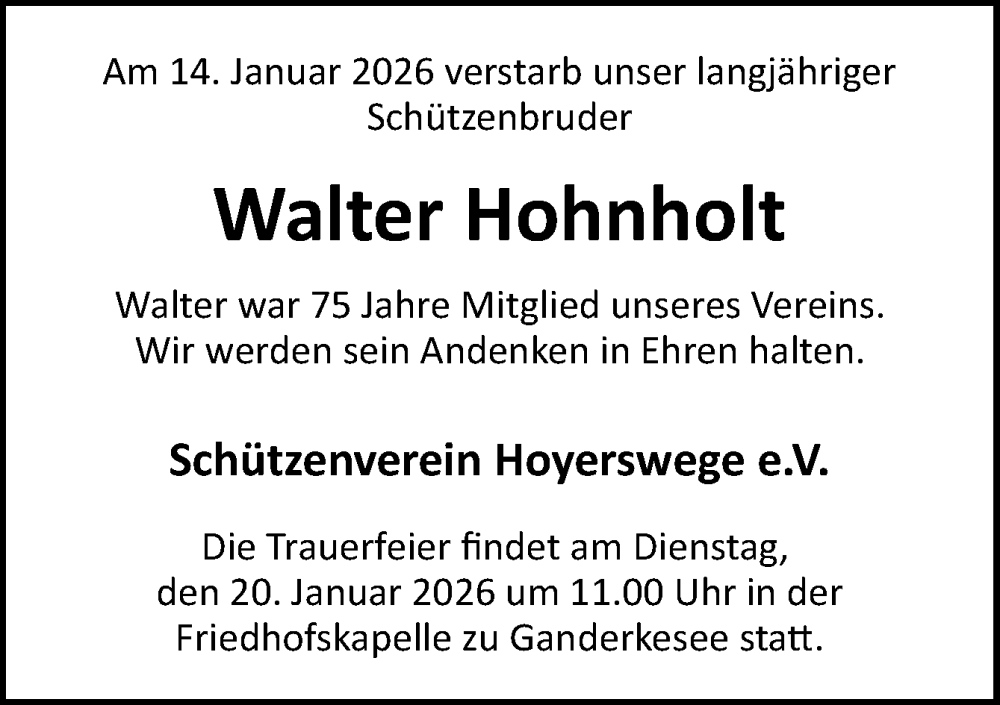  Traueranzeige für Walter Hohnholt vom 17.01.2026 aus DK Medien GmbH & Co. KG